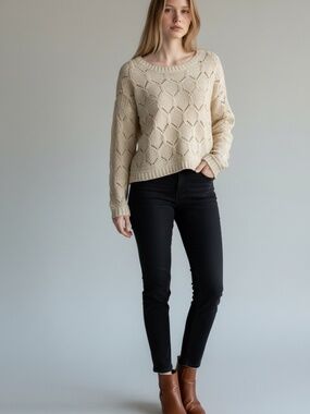 JJ Basics Cream Open Knit Pointelle Crochet Pullover Sweater Size Medium Boho